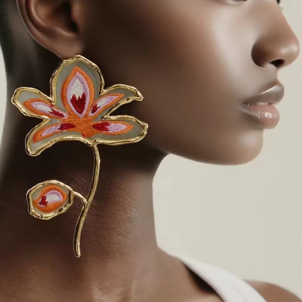 Unique Floral Gold and Orange Statement Earrings - Picture 3 of 6